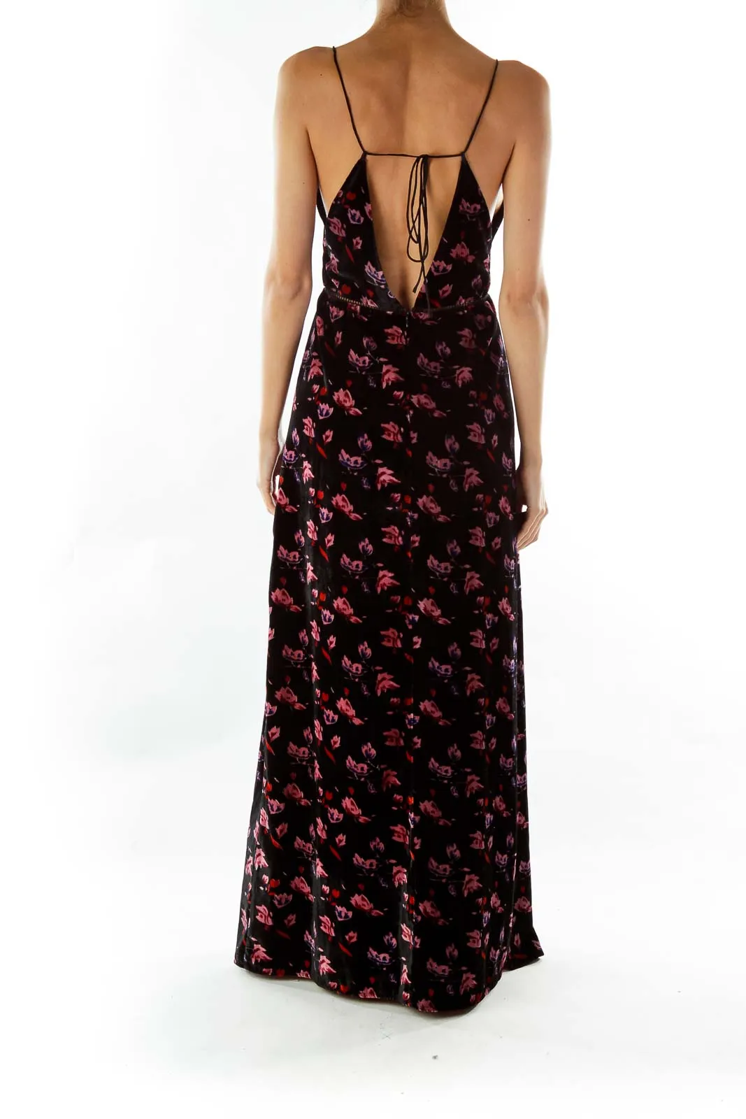 Black Pink Velvet Floral Maxi Dress