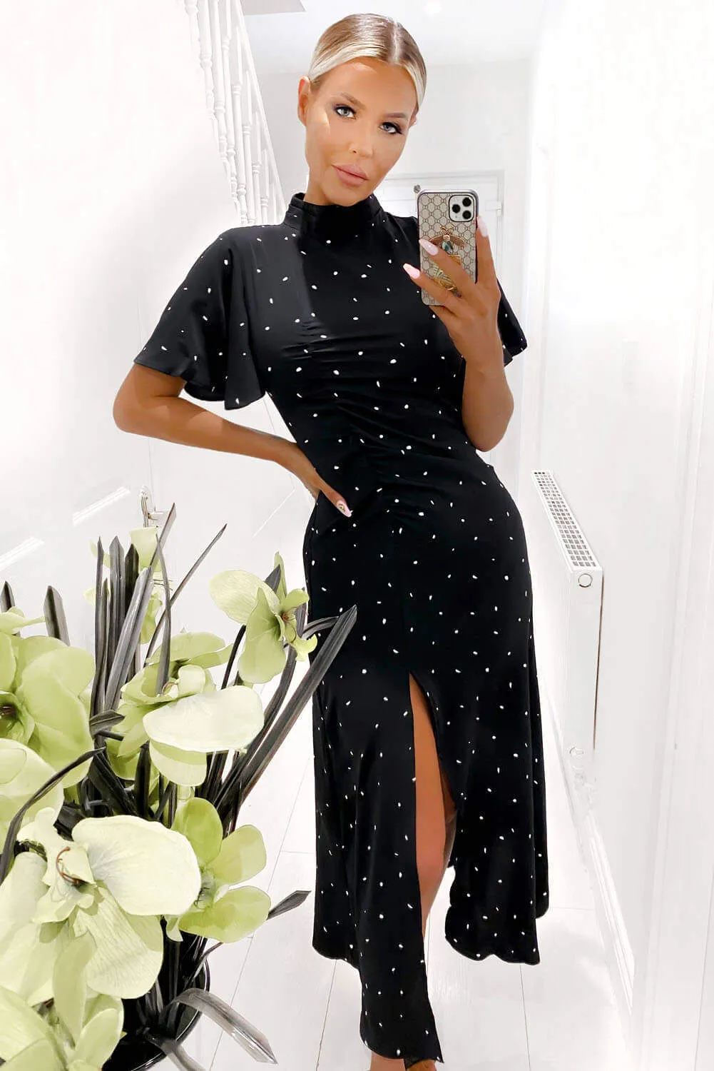 Black Spotty Ruched Split Maxi Dress