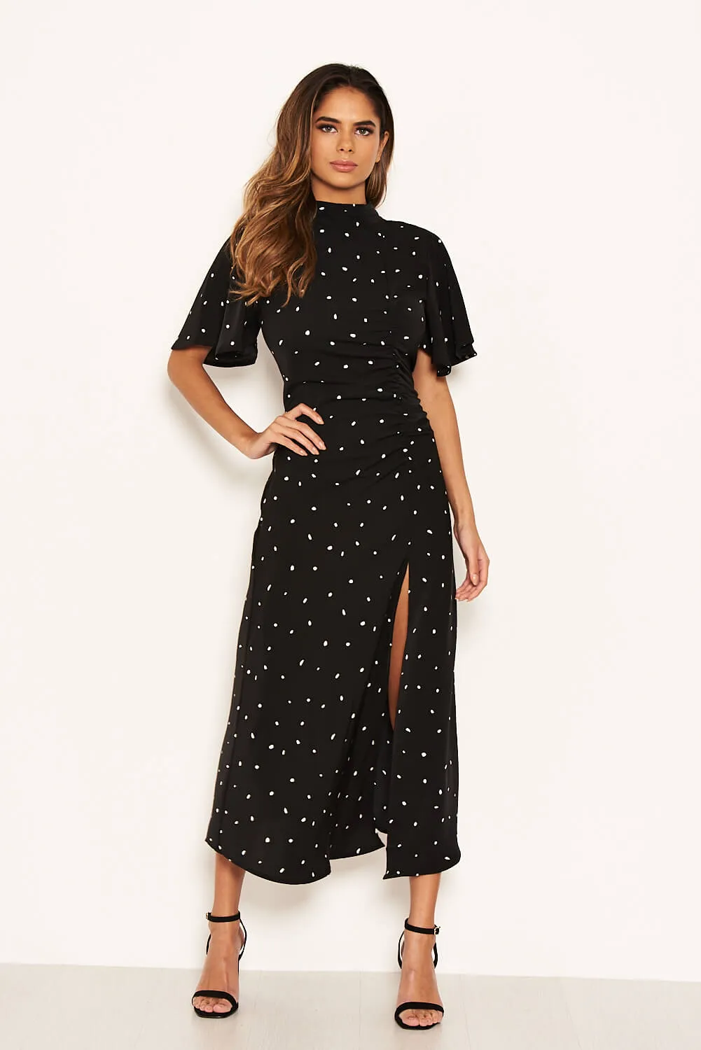 Black Spotty Ruched Split Maxi Dress