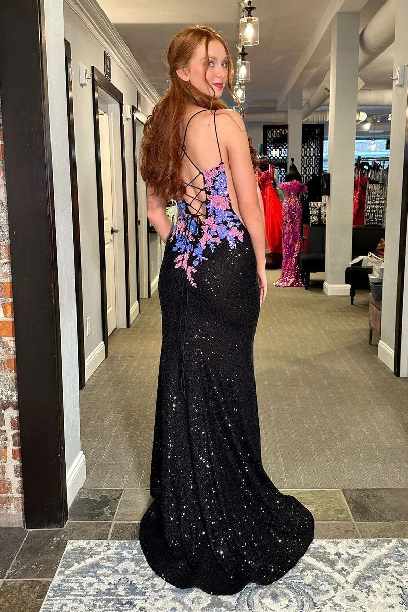 Black V Neck Sequin Lace Mermaid Long Prom Dresses