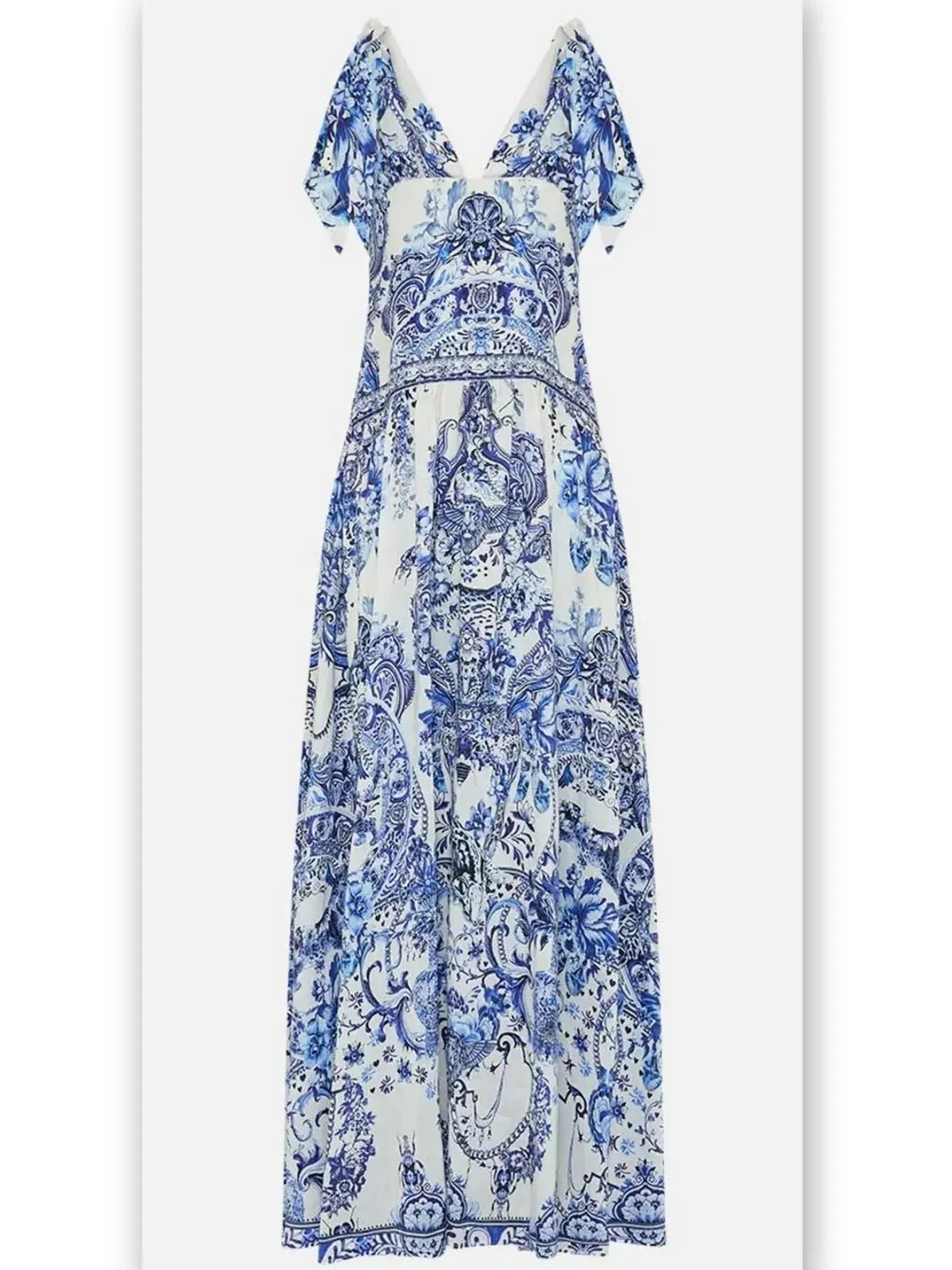 Blue and White Porcelain Print Tie-Shoulder Silk and Linen Maxi Dress