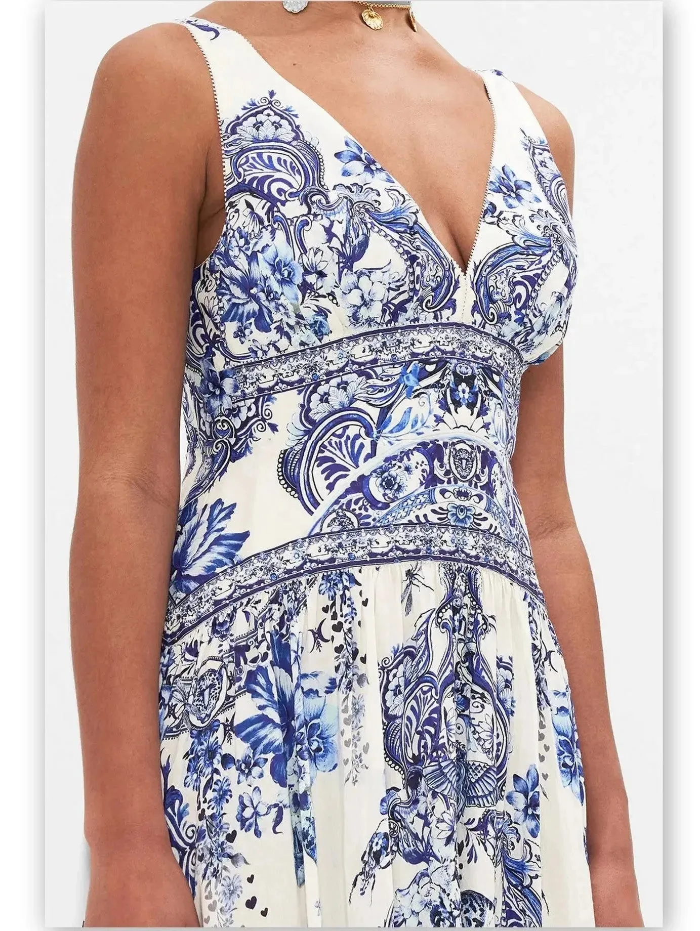 Blue and White Porcelain Print Tie-Shoulder Silk and Linen Maxi Dress