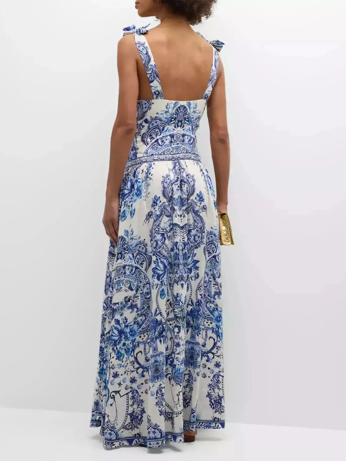 Blue and White Porcelain Print Tie-Shoulder Silk and Linen Maxi Dress