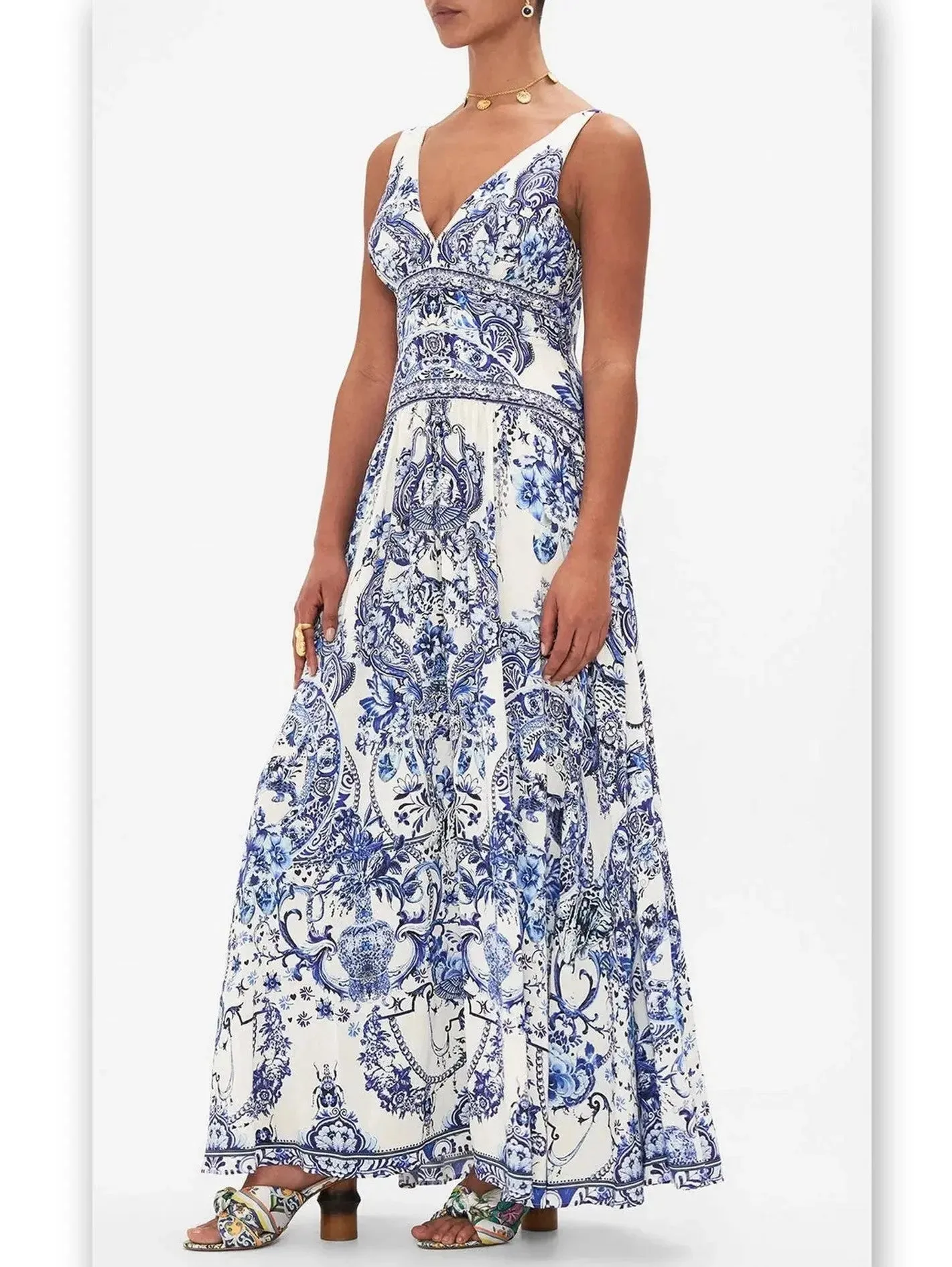 Blue and White Porcelain Print Tie-Shoulder Silk and Linen Maxi Dress