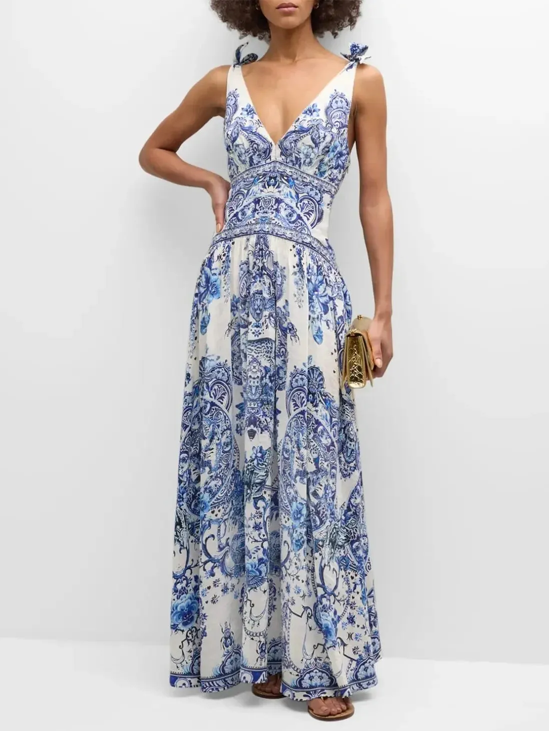 Blue and White Porcelain Print Tie-Shoulder Silk and Linen Maxi Dress