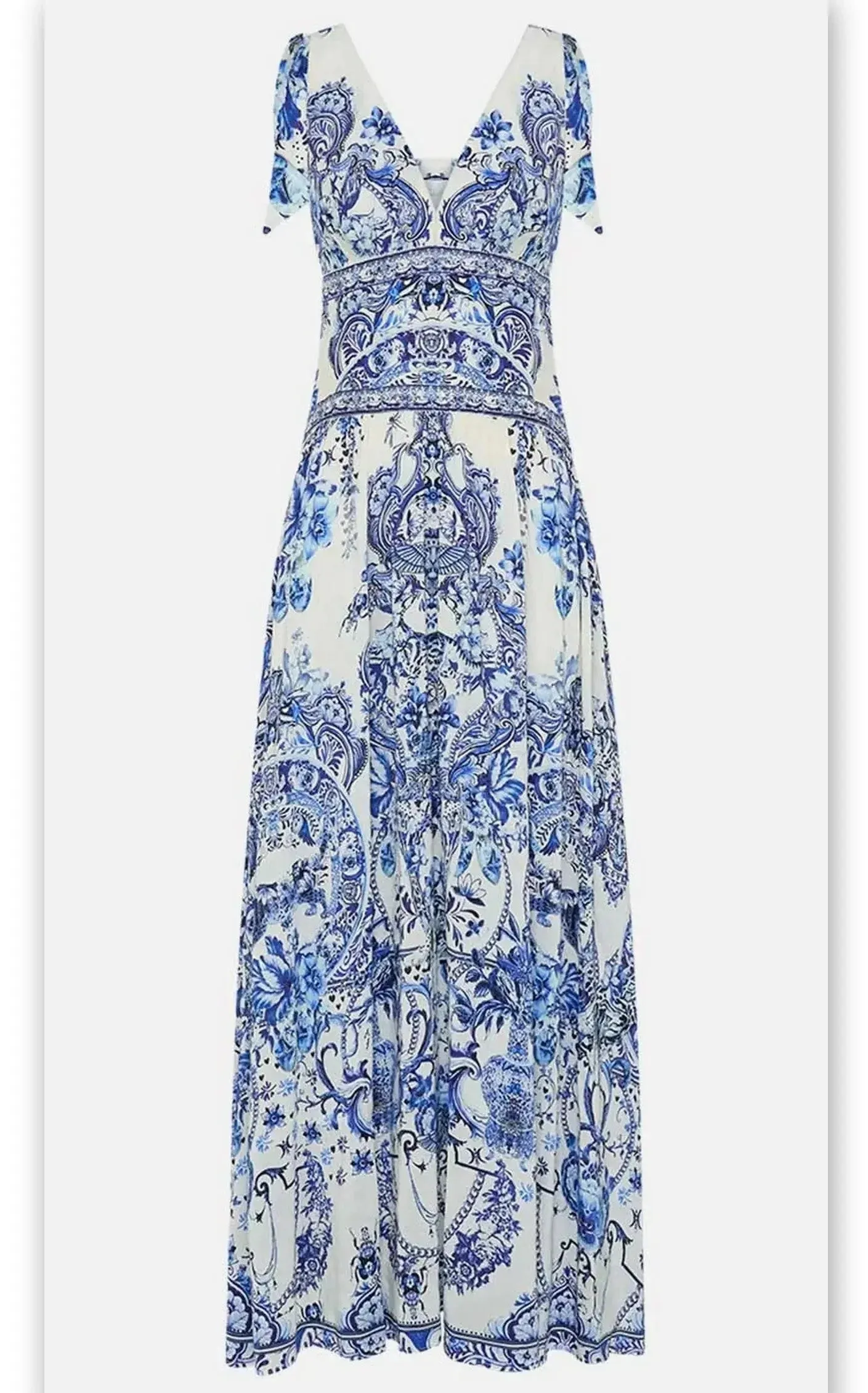 Blue and White Porcelain Print Tie-Shoulder Silk and Linen Maxi Dress