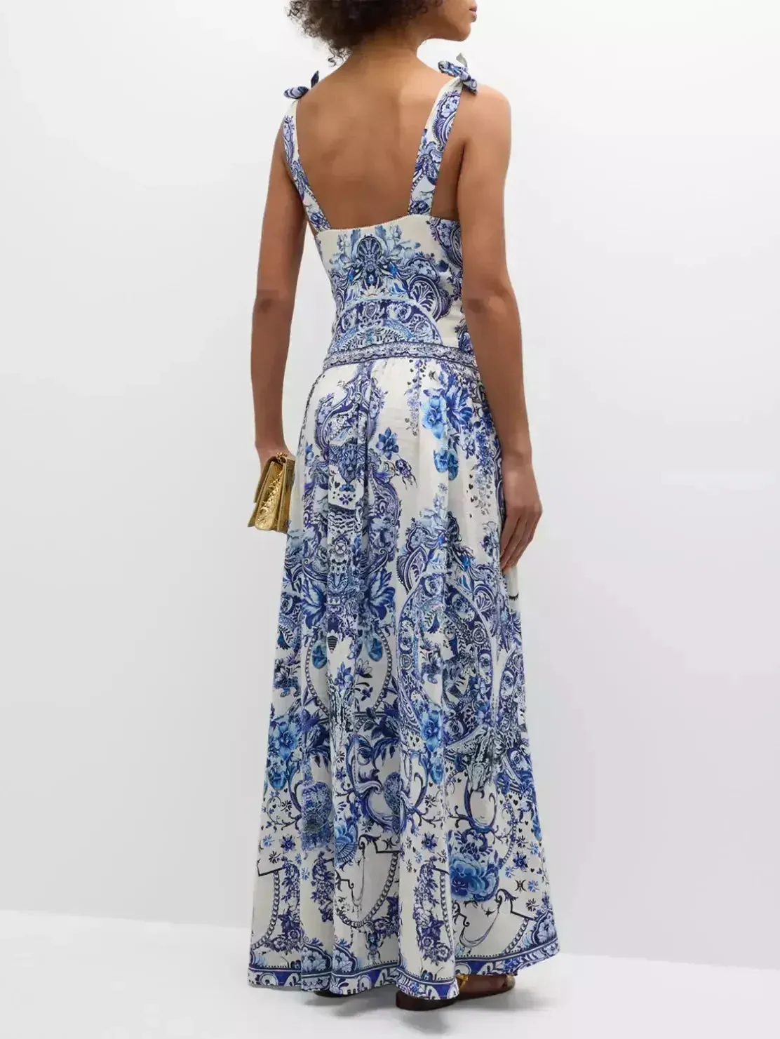 Blue and White Porcelain Print Tie-Shoulder Silk and Linen Maxi Dress