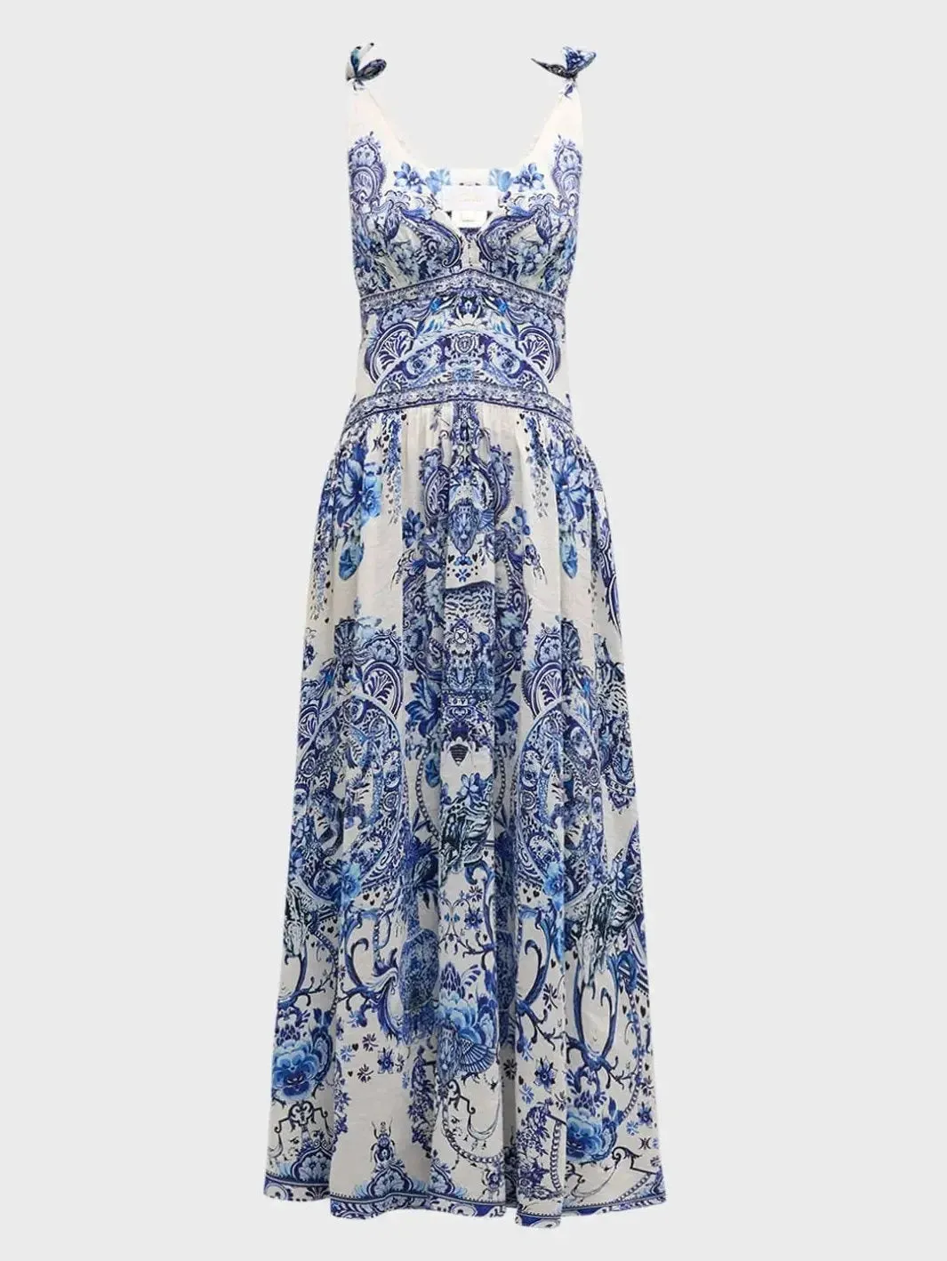 Blue and White Porcelain Print Tie-Shoulder Silk and Linen Maxi Dress