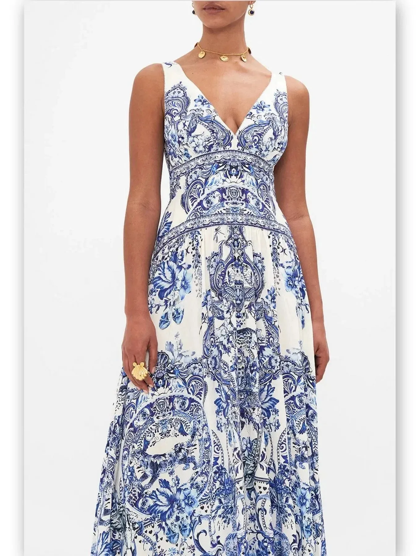 Blue and White Porcelain Print Tie-Shoulder Silk and Linen Maxi Dress