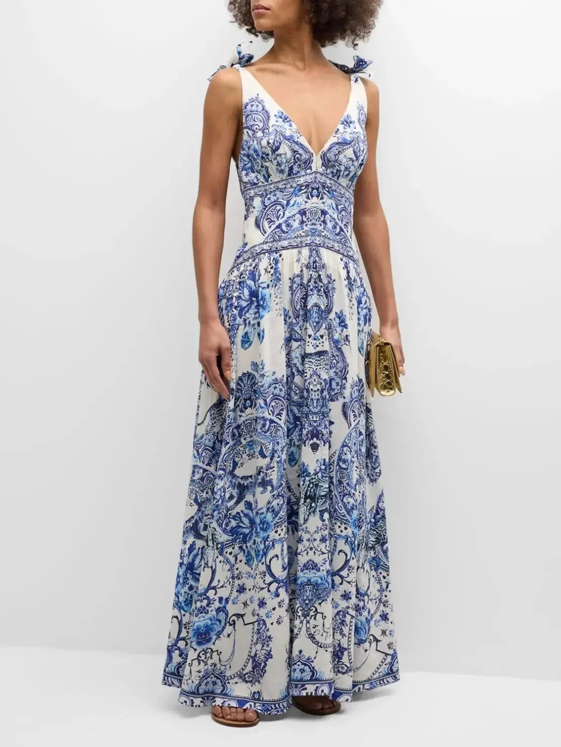 Blue and White Porcelain Print Tie-Shoulder Silk and Linen Maxi Dress