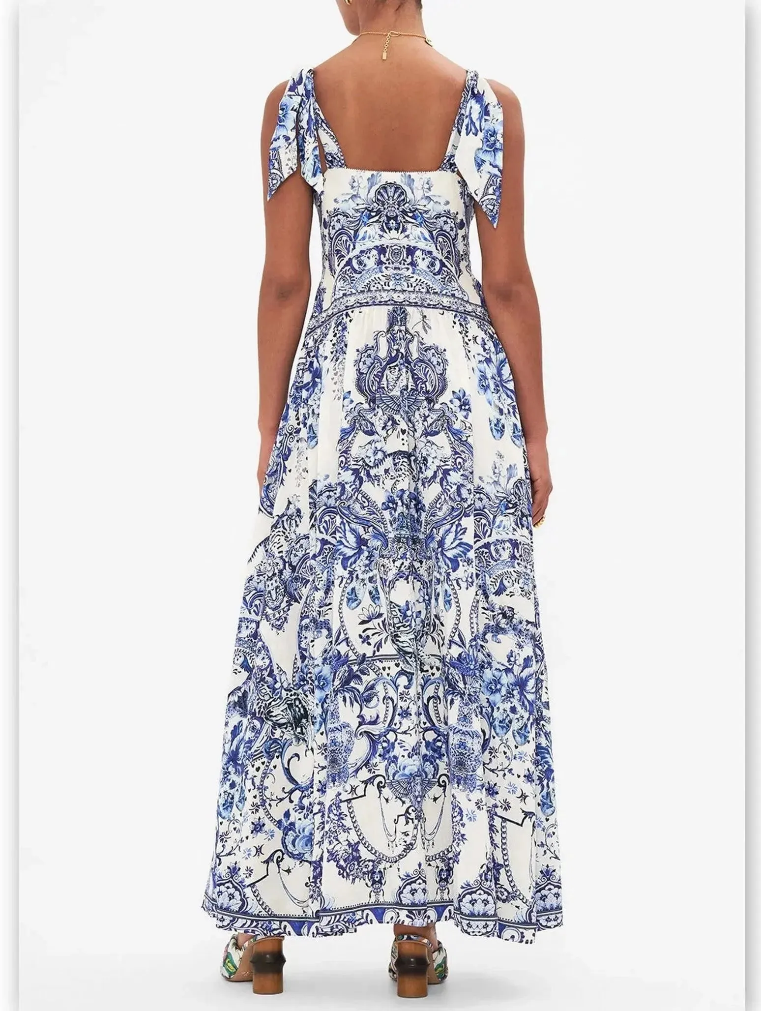 Blue and White Porcelain Print Tie-Shoulder Silk and Linen Maxi Dress