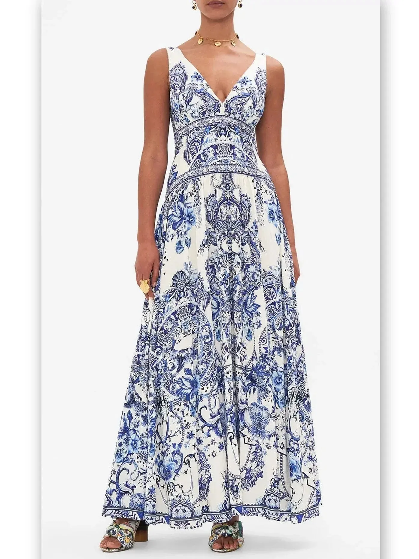 Blue and White Porcelain Print Tie-Shoulder Silk and Linen Maxi Dress