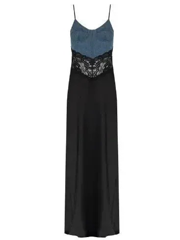 Blue Denim and Black with Lace Insert Long Maxi Dress