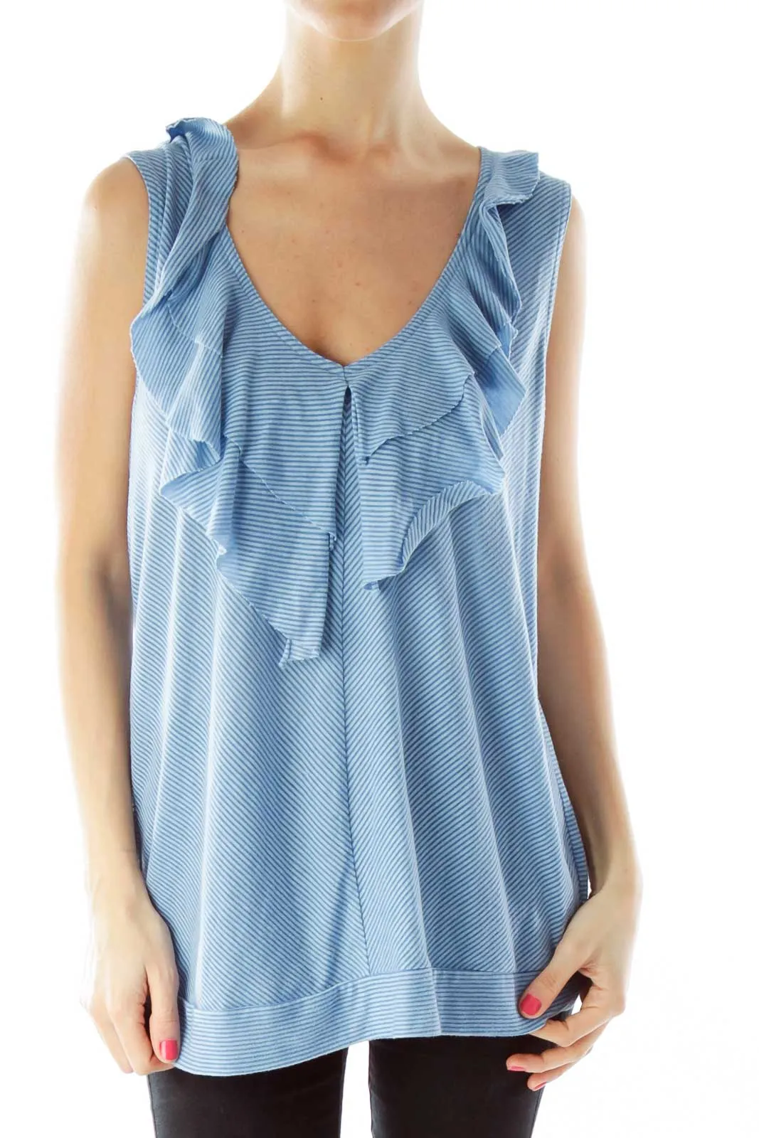 Blue Striped Ruffled Tank Top