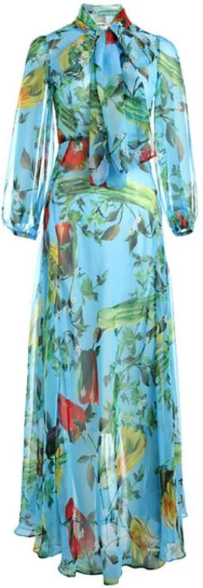 Blue Vegetable-Print Chiffon Maxi Dress