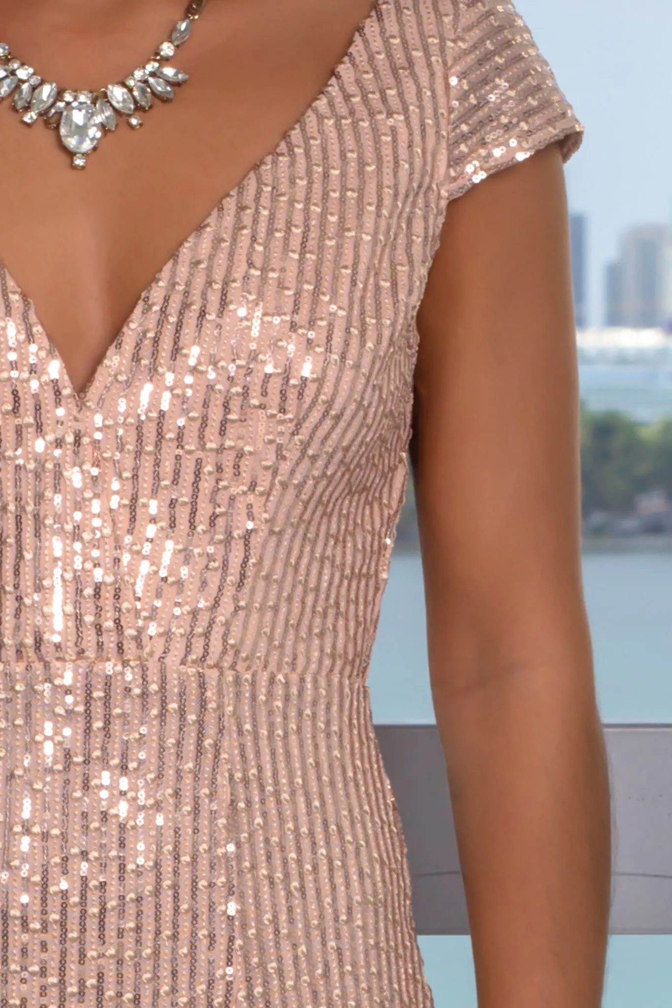 Blush V-Neck Sequin Maxi Dress with Side Slit