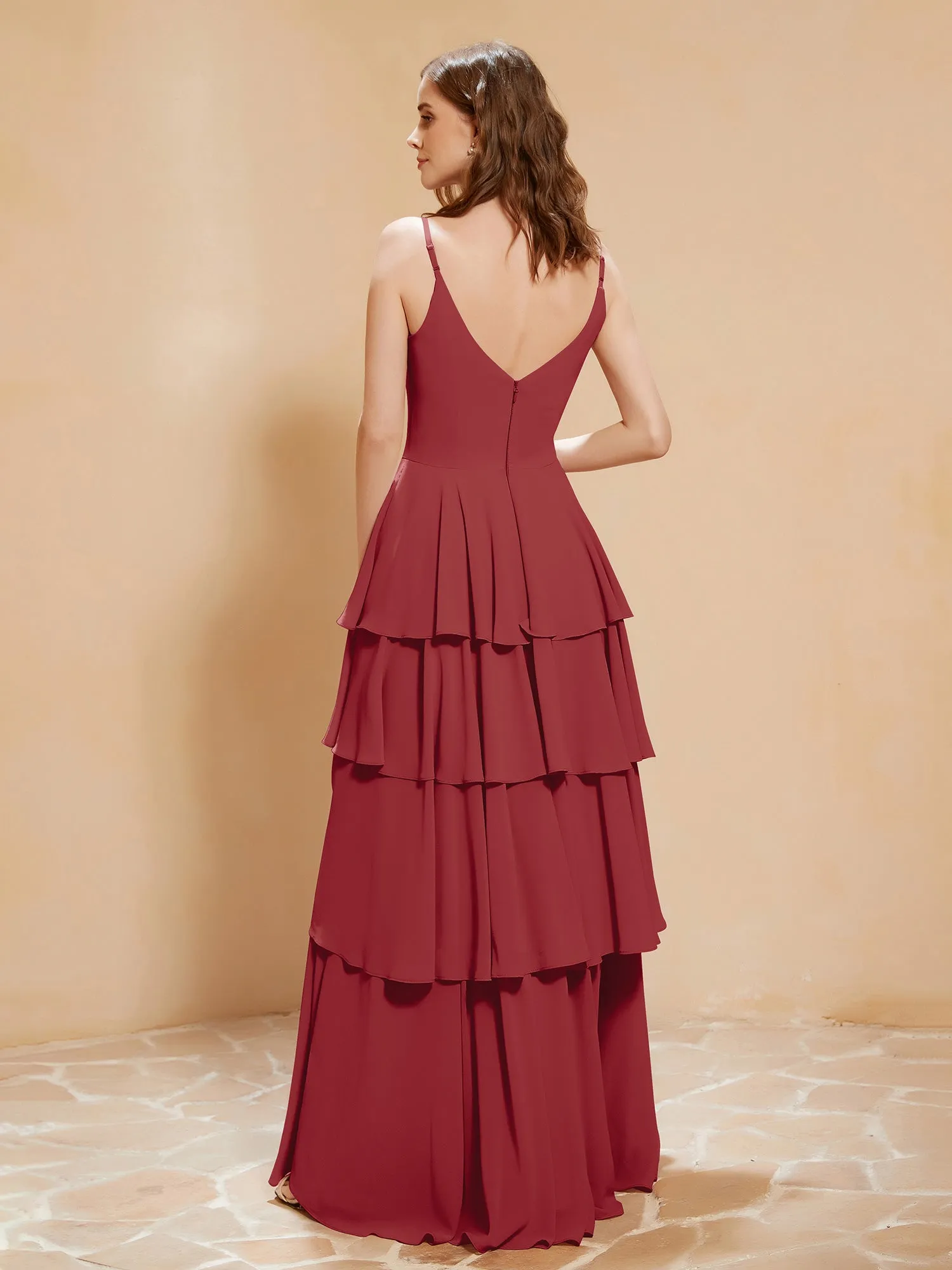 Boho V-neck Floor-length Dress Flowy Ruffles Burgundy