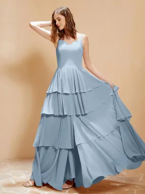 Boho V-neck Floor-length Dress Flowy Ruffles Dusty Blue