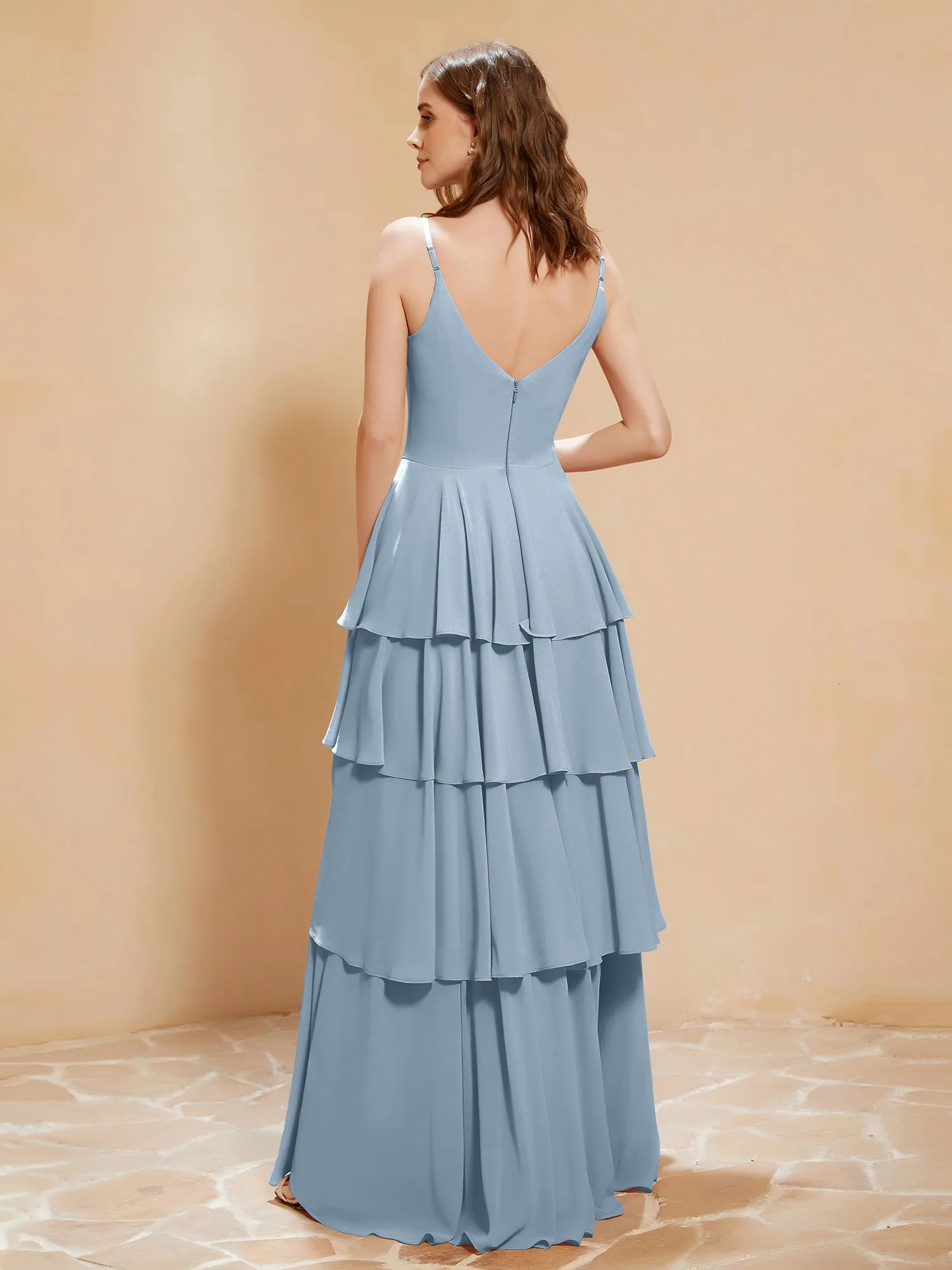 Boho V-neck Floor-length Dress Flowy Ruffles Dusty Blue