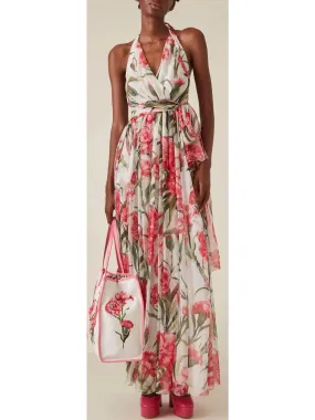 Carnation-Print Silk Chiffon Maxi Halter Dress