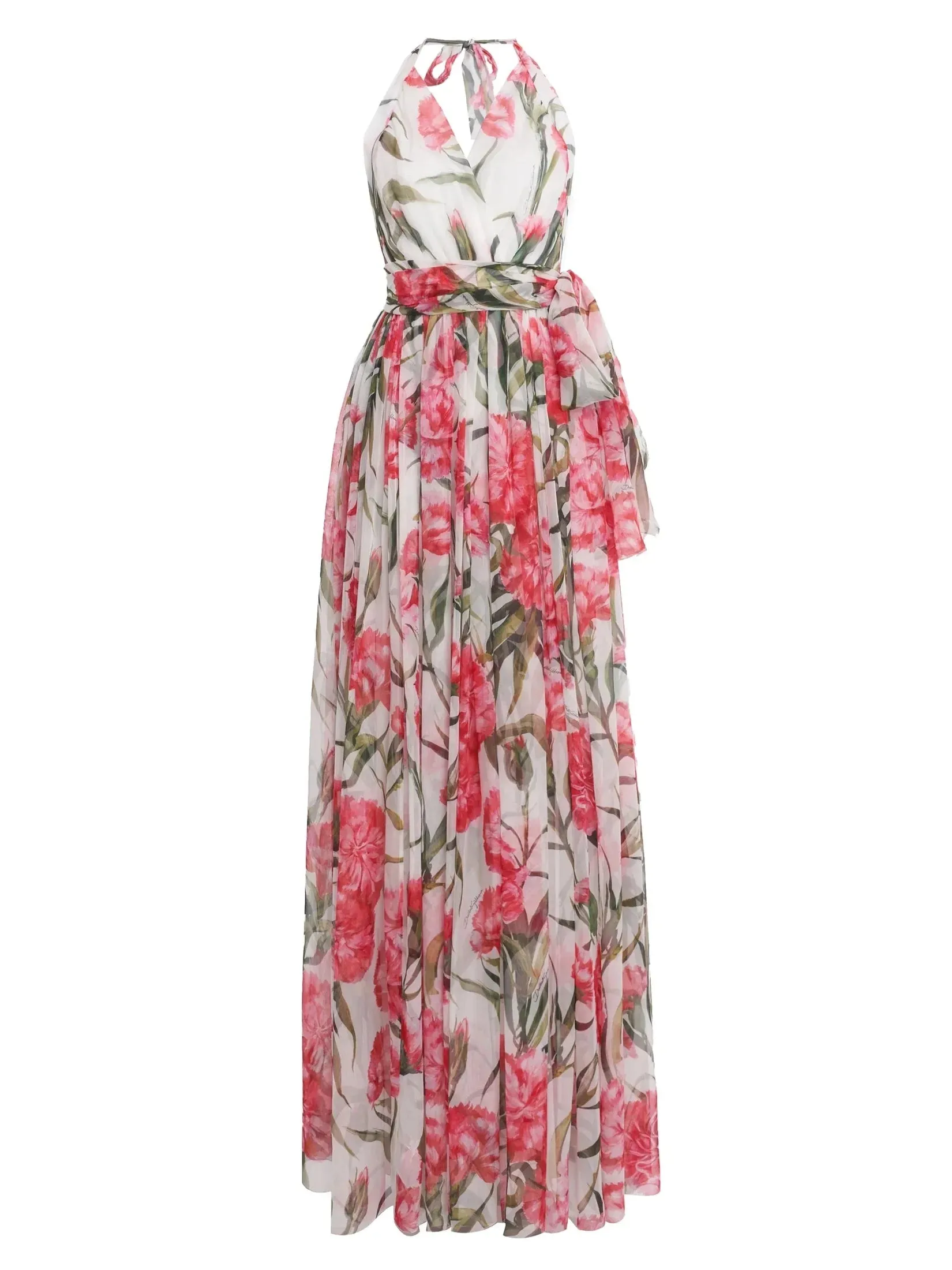 Carnation-Print Silk Chiffon Maxi Halter Dress