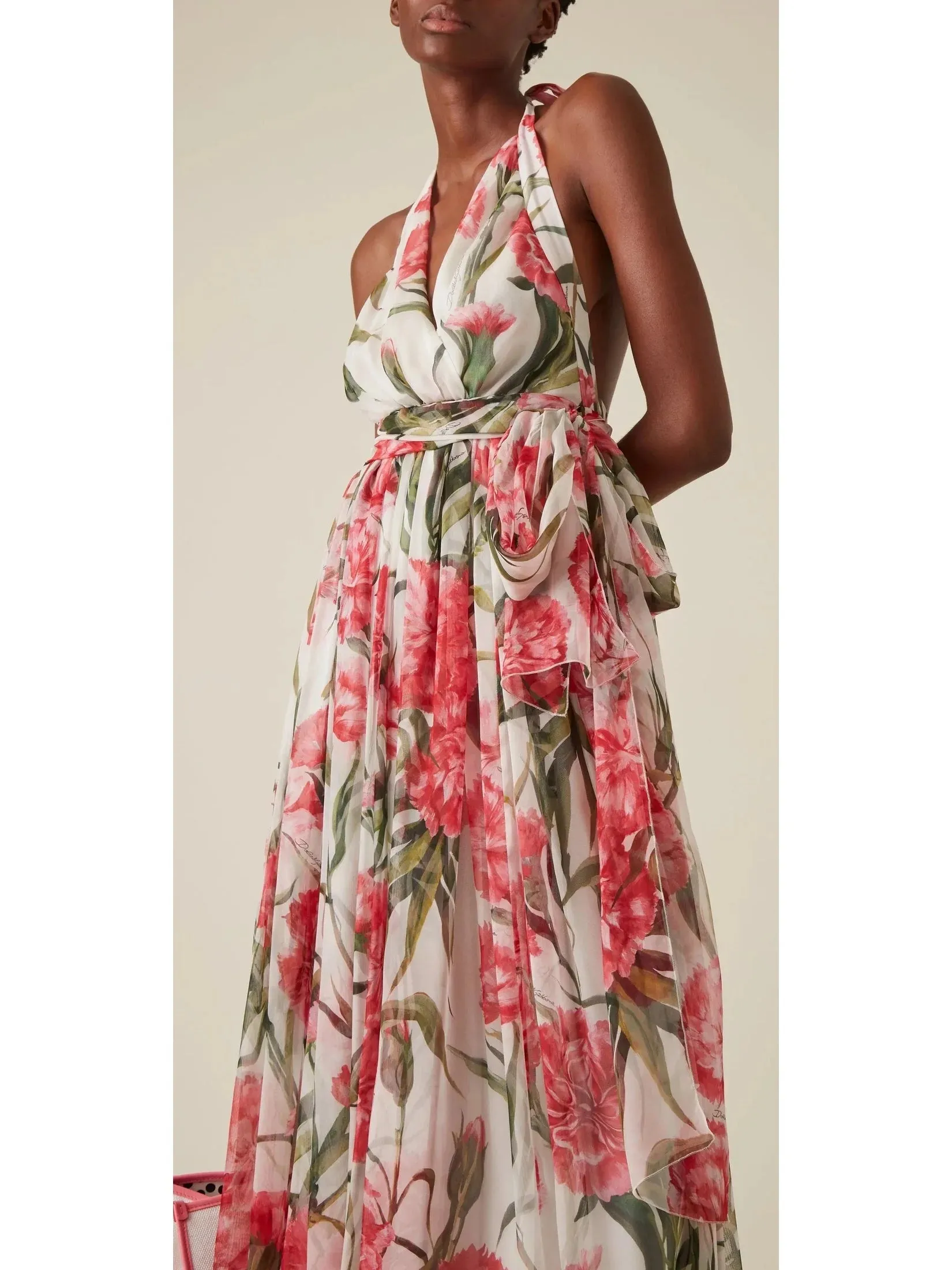 Carnation-Print Silk Chiffon Maxi Halter Dress