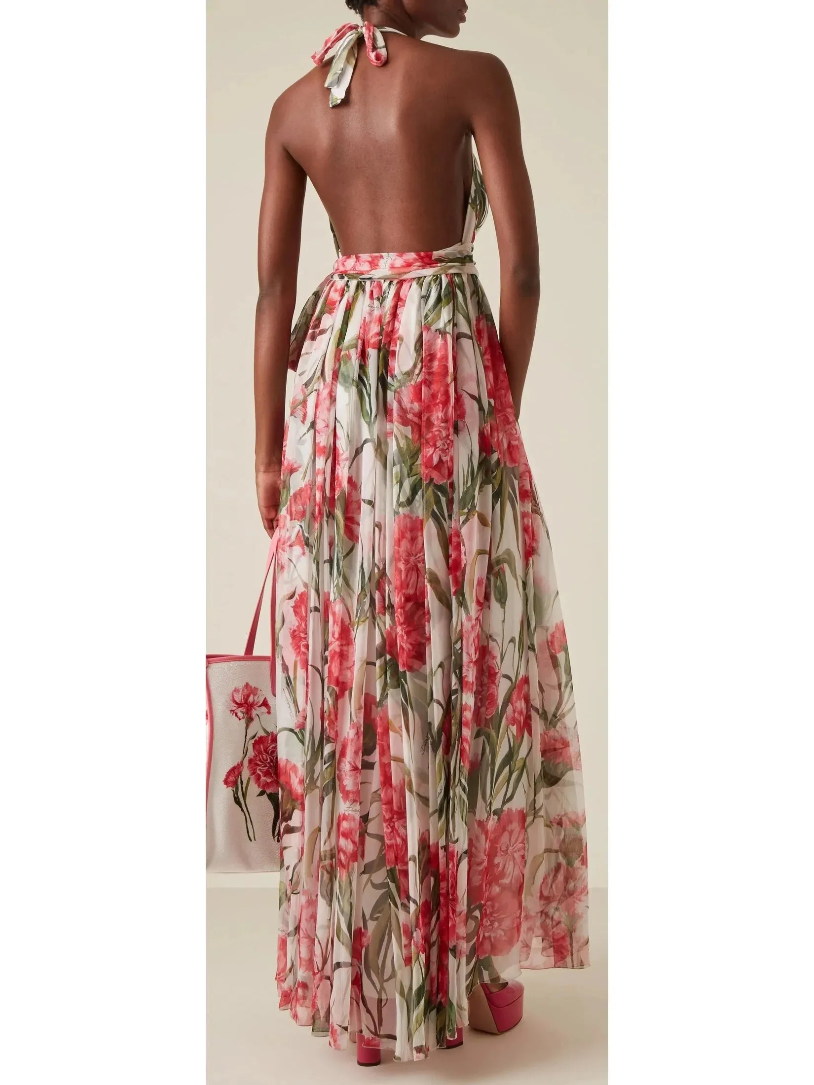 Carnation-Print Silk Chiffon Maxi Halter Dress