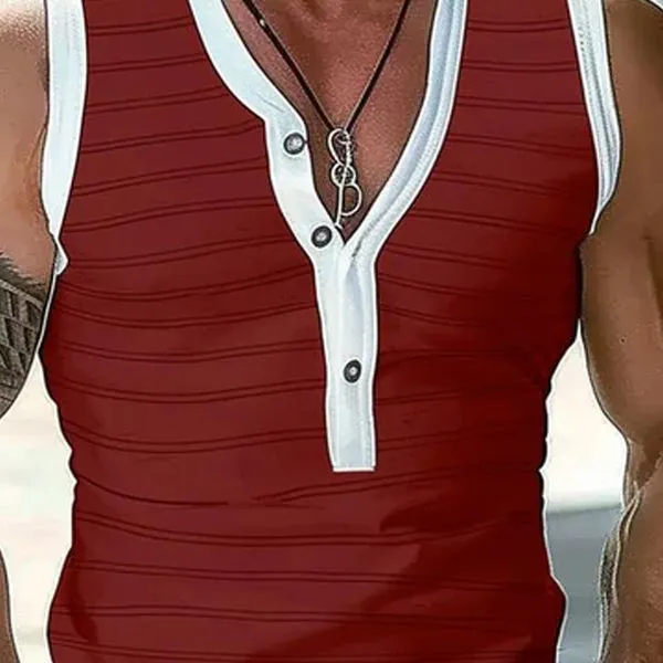 Casual Striped Henley Collar Slim Fit Tank Top