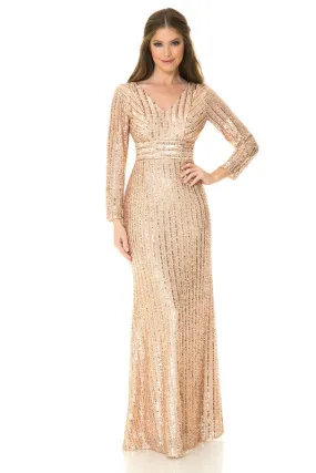 Champagne Gold Sleeved Sequin V-neck Formal Long Dress