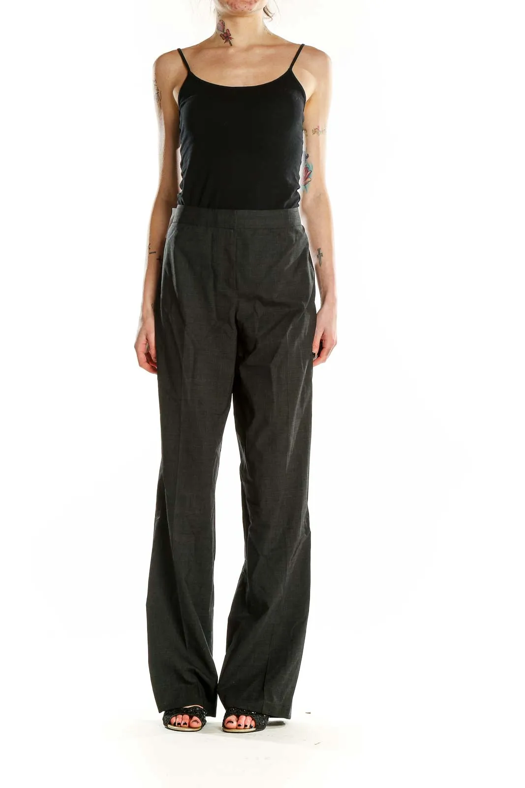 Charcoal Gray Wide-Leg Wool Blend Trousers