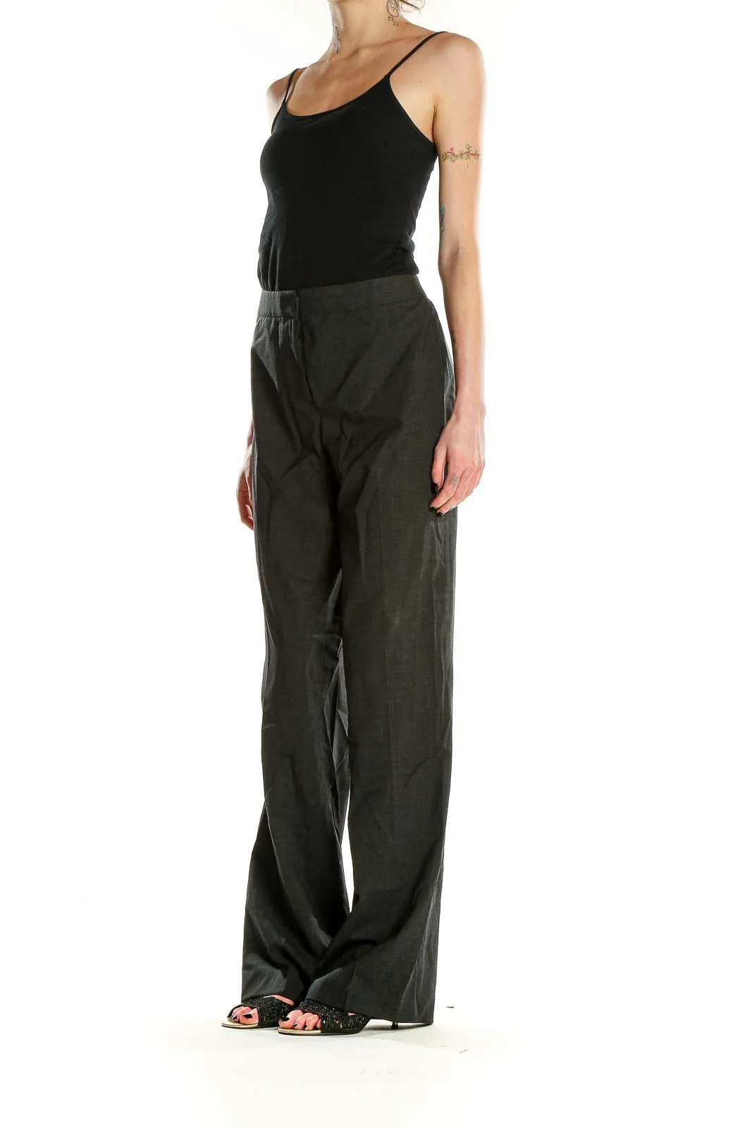 Charcoal Gray Wide-Leg Wool Blend Trousers