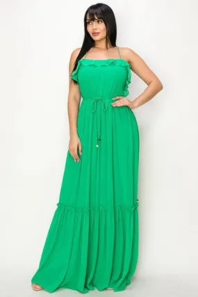 Chiffon Strap Ruffled Tie Waist Maxi Dress Green