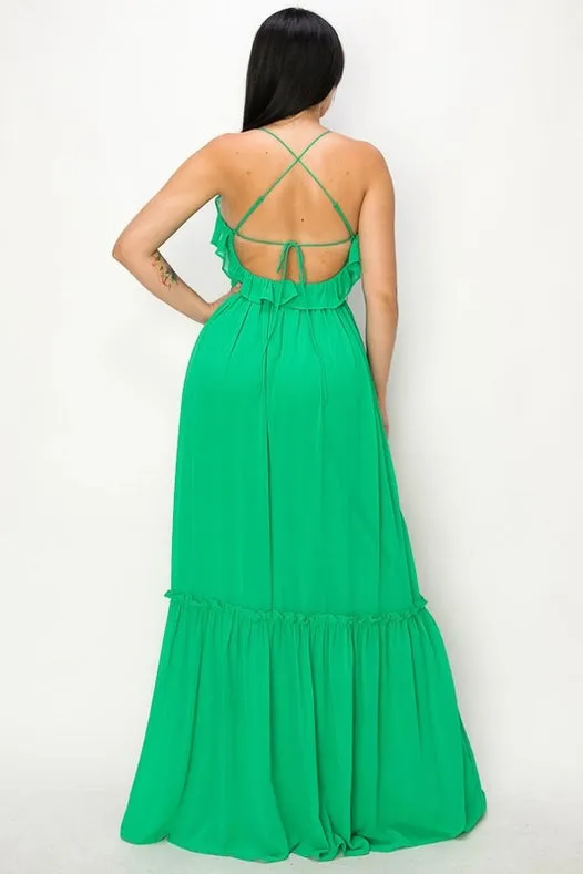 Chiffon Strap Ruffled Tie Waist Maxi Dress Green