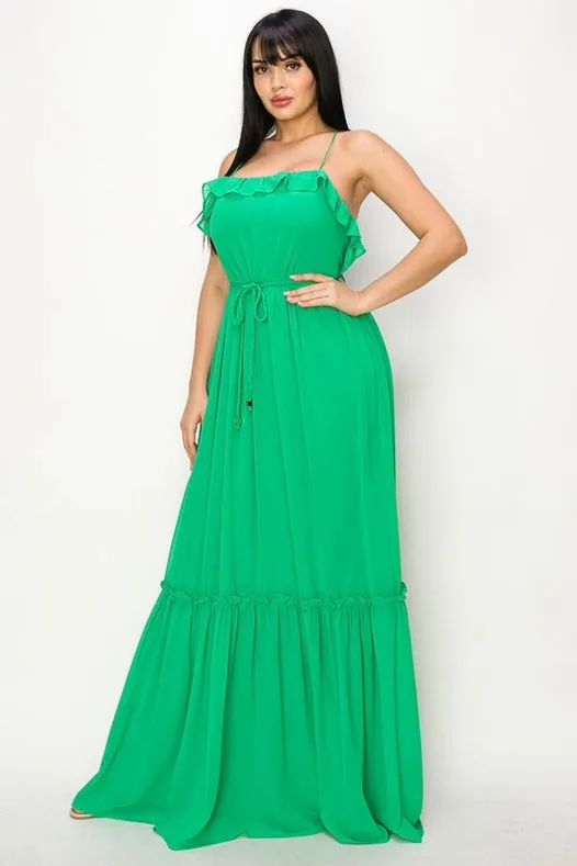 Chiffon Strap Ruffled Tie Waist Maxi Dress Green