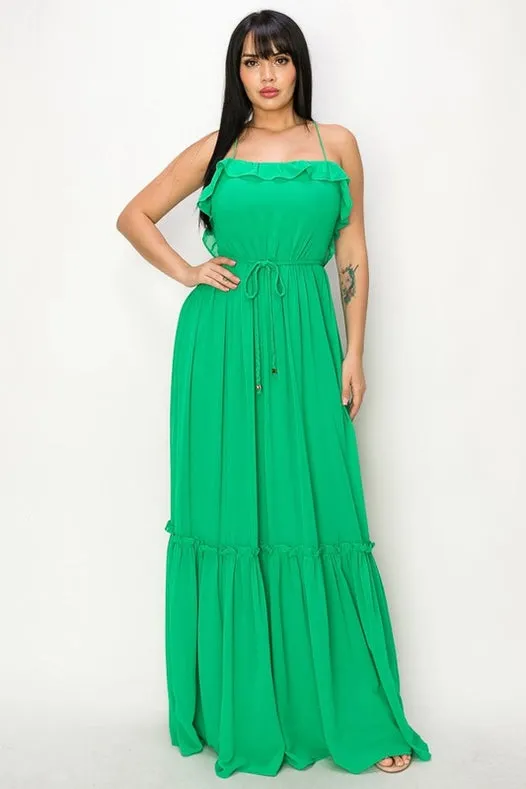 Chiffon Strap Ruffled Tie Waist Maxi Dress Green