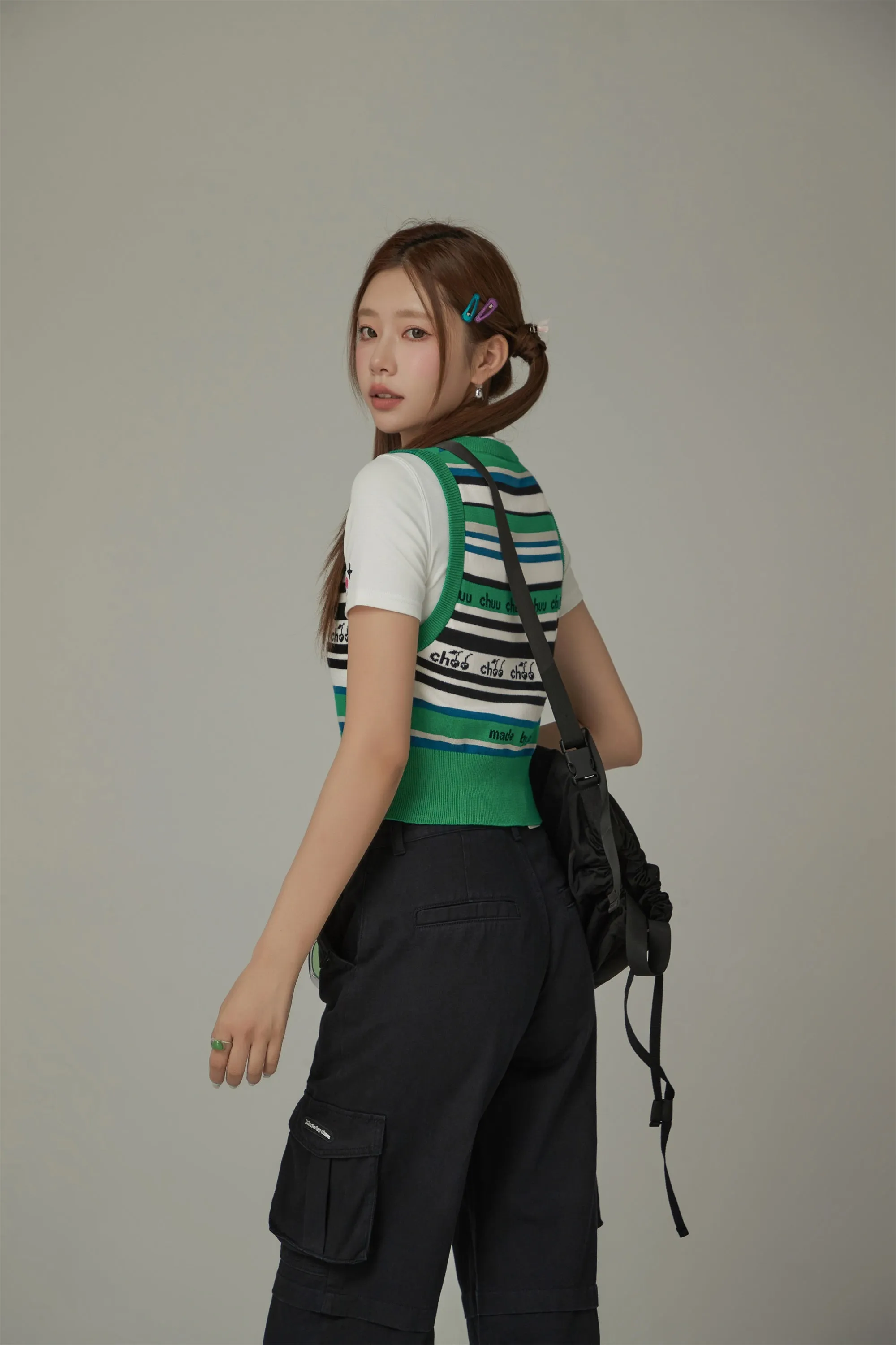 Chuu Cherries Striped Crop Knit Vest