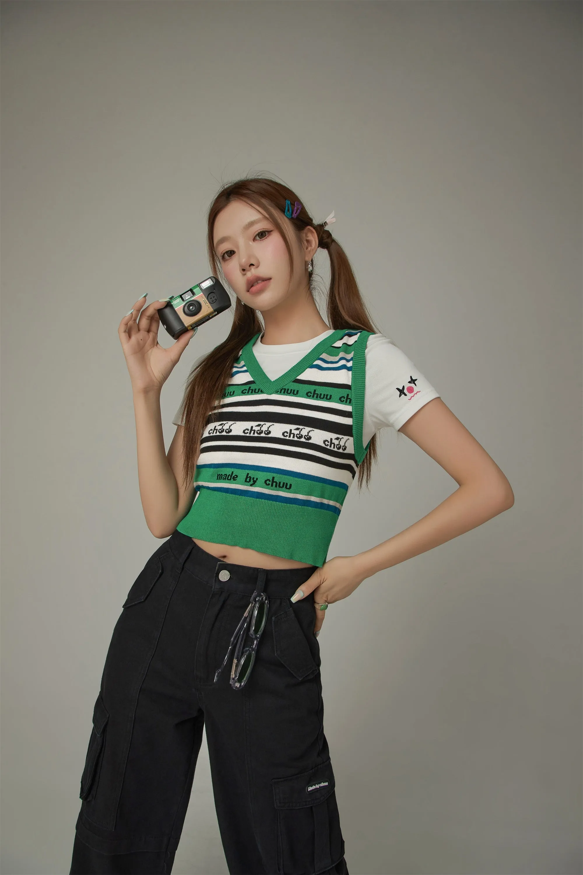 Chuu Cherries Striped Crop Knit Vest