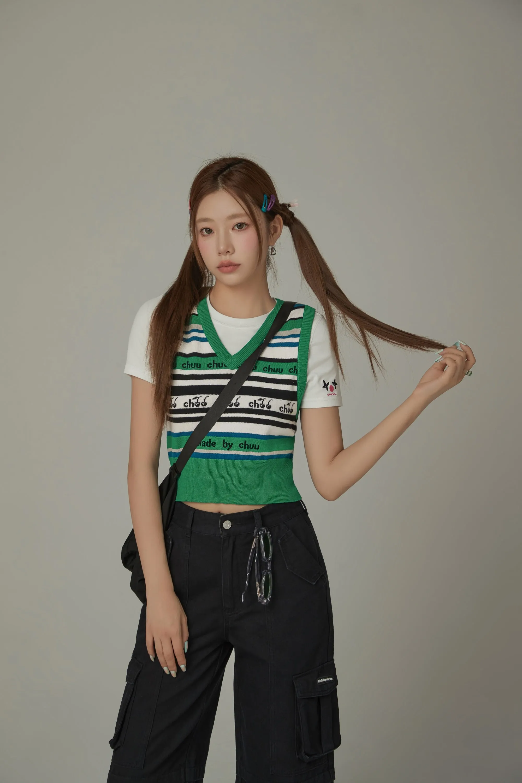 Chuu Cherries Striped Crop Knit Vest