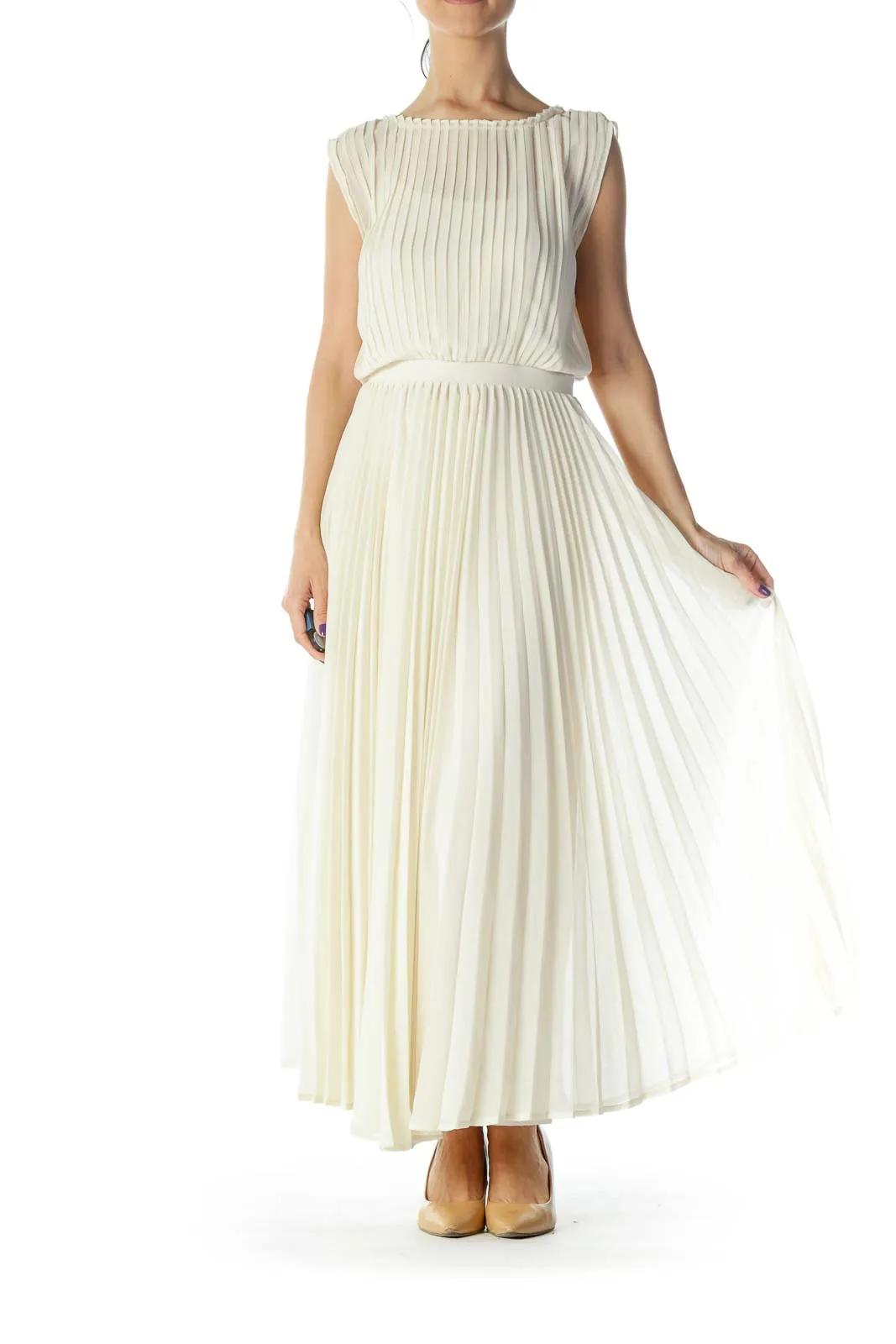 Cream Pleated Maxi Dress