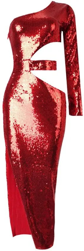 Cut-Out Sequin-Embellished Stretchy Evening Dress, Red