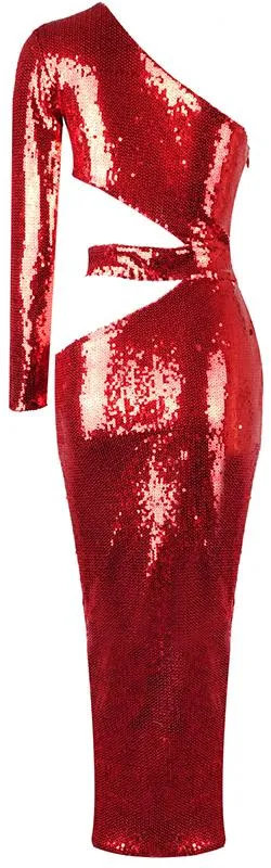 Cut-Out Sequin-Embellished Stretchy Evening Dress, Red