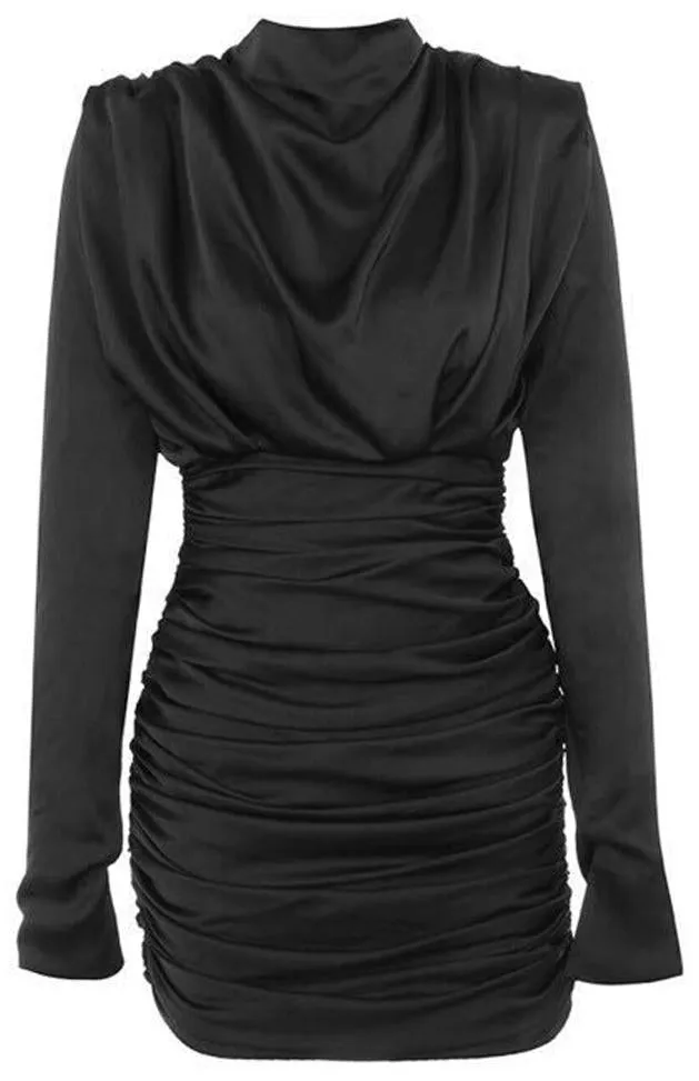 Draped Ruched Satin Mini Dress, Black