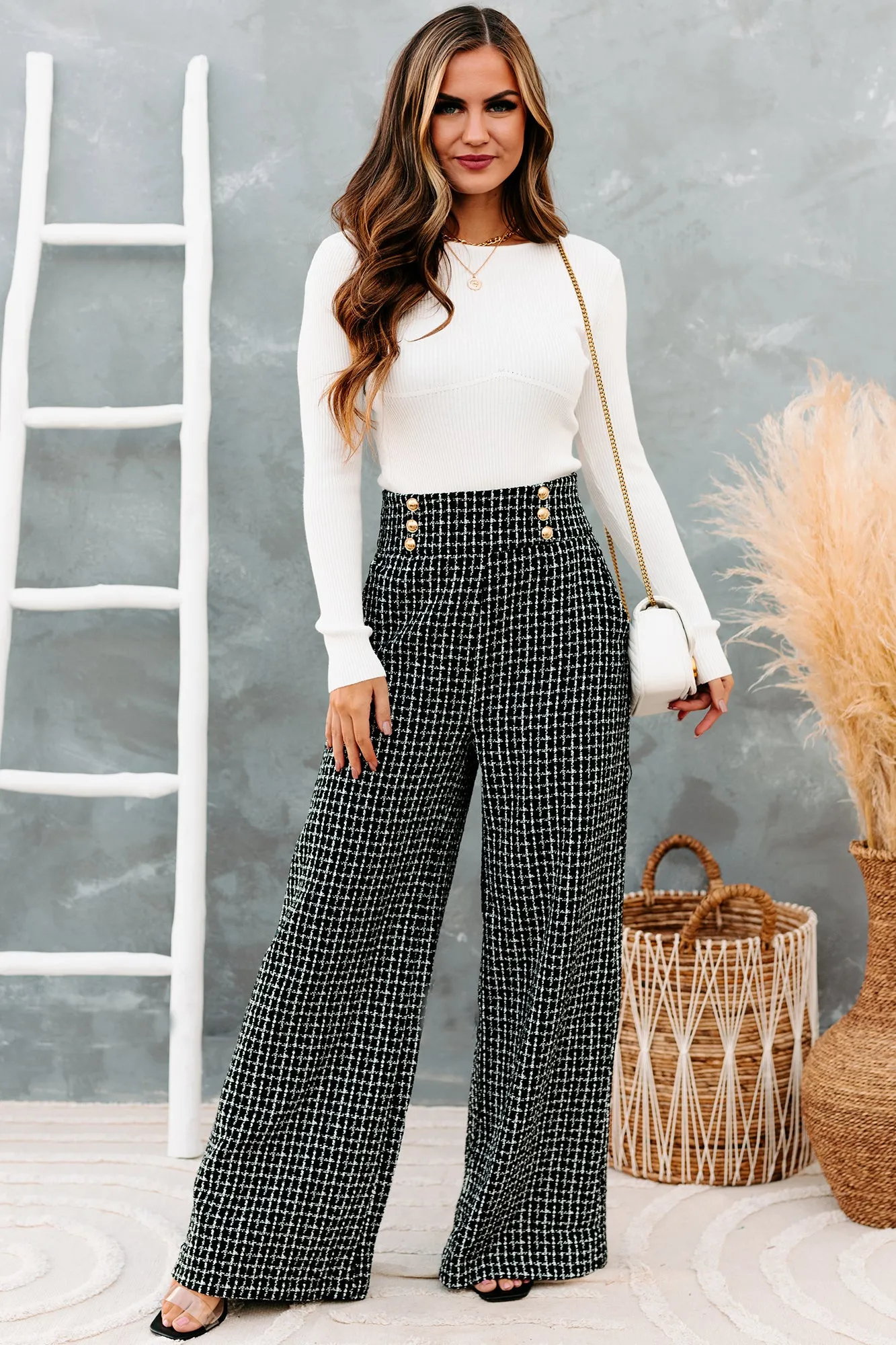 Duchess Tweed Wide Leg Pants (Black)