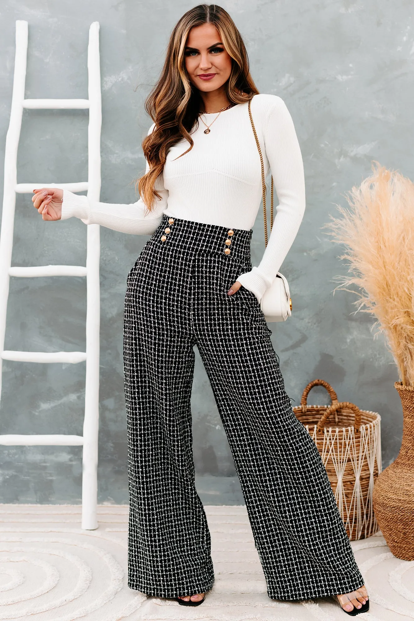 Duchess Tweed Wide Leg Pants (Black)