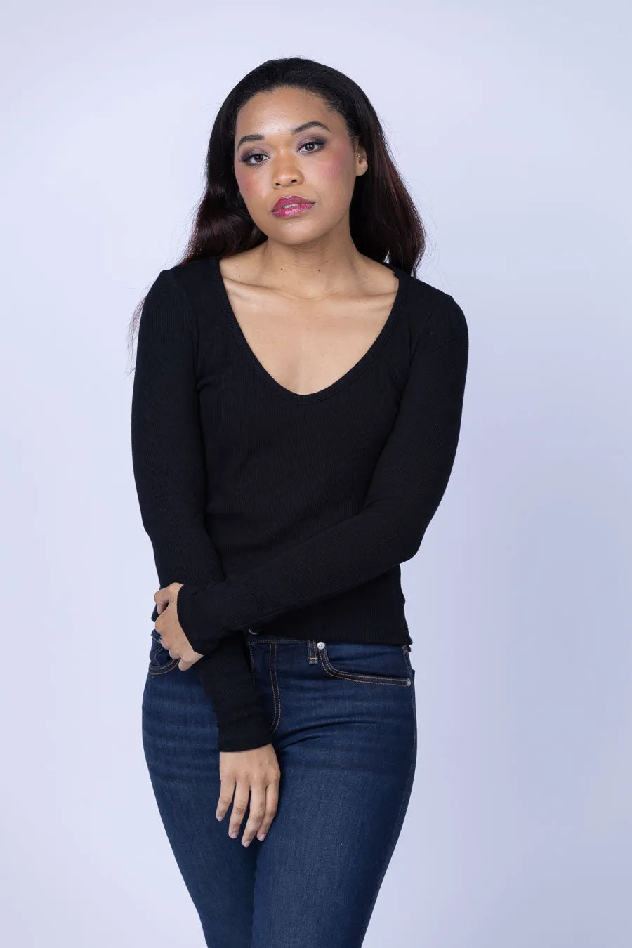 Enza Costa Knit V-Neck Top in Black