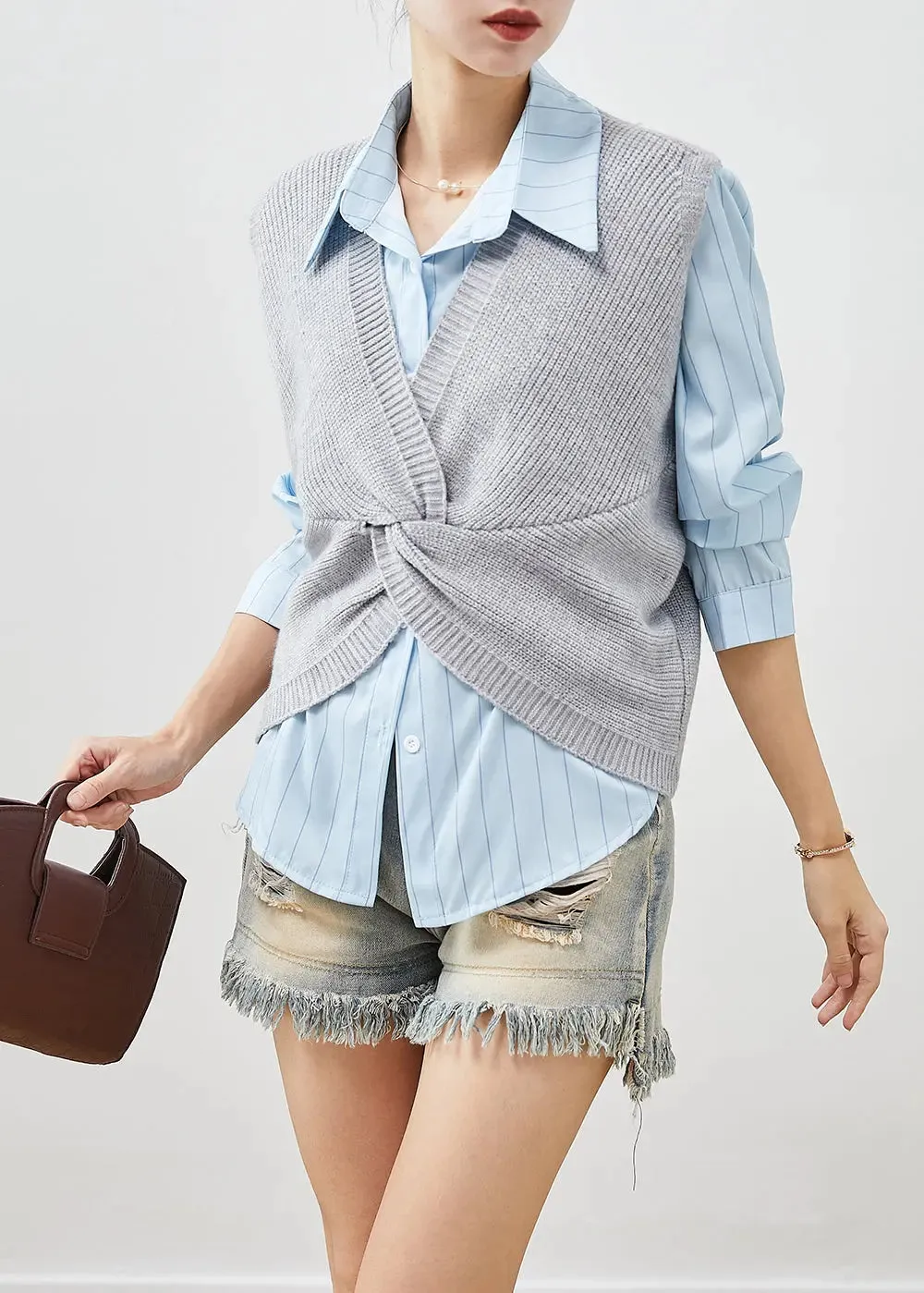 Grey Asymmetrical Thick Knit Vests