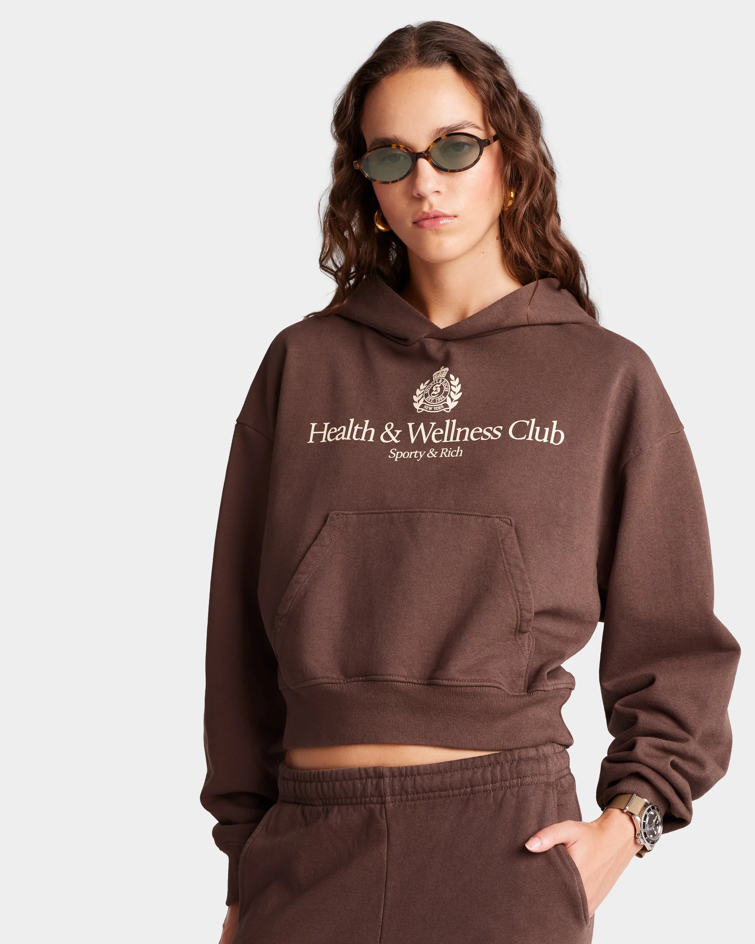 H&W Crest Cropped Hoodie - Chocolate/Cream