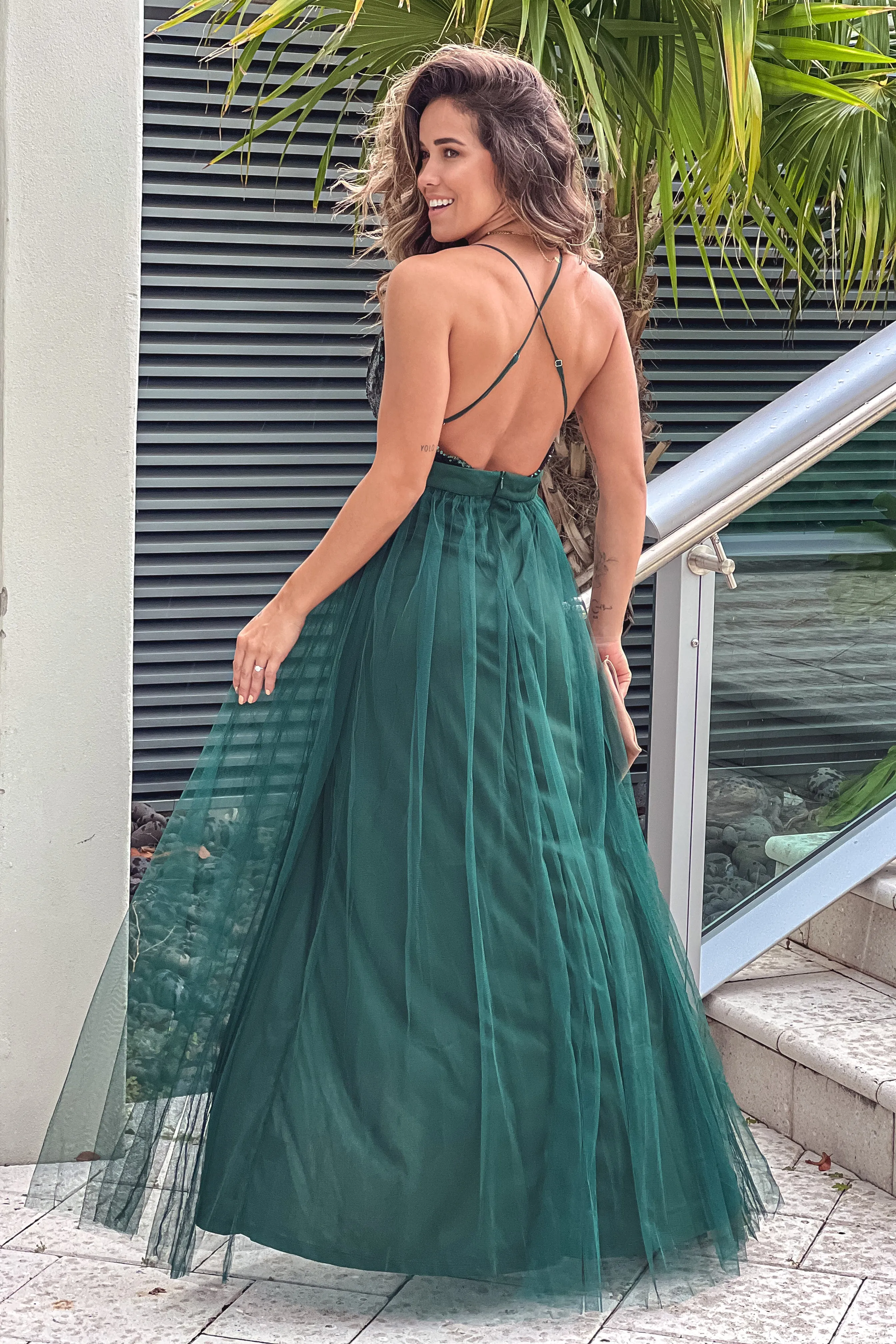 Hunter Green Tulle Maxi Dress With Sequin Top And Criss Cross Back