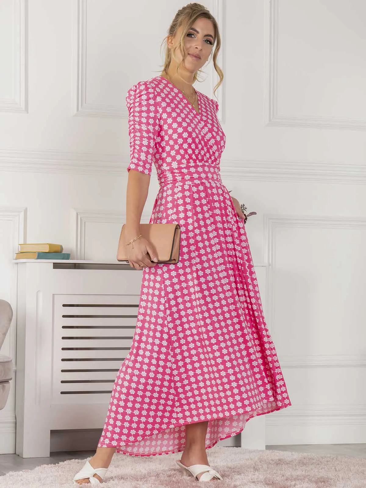 Jolie Moi Elenora Ruched Sleeve Maxi Dress, Pink Pattern