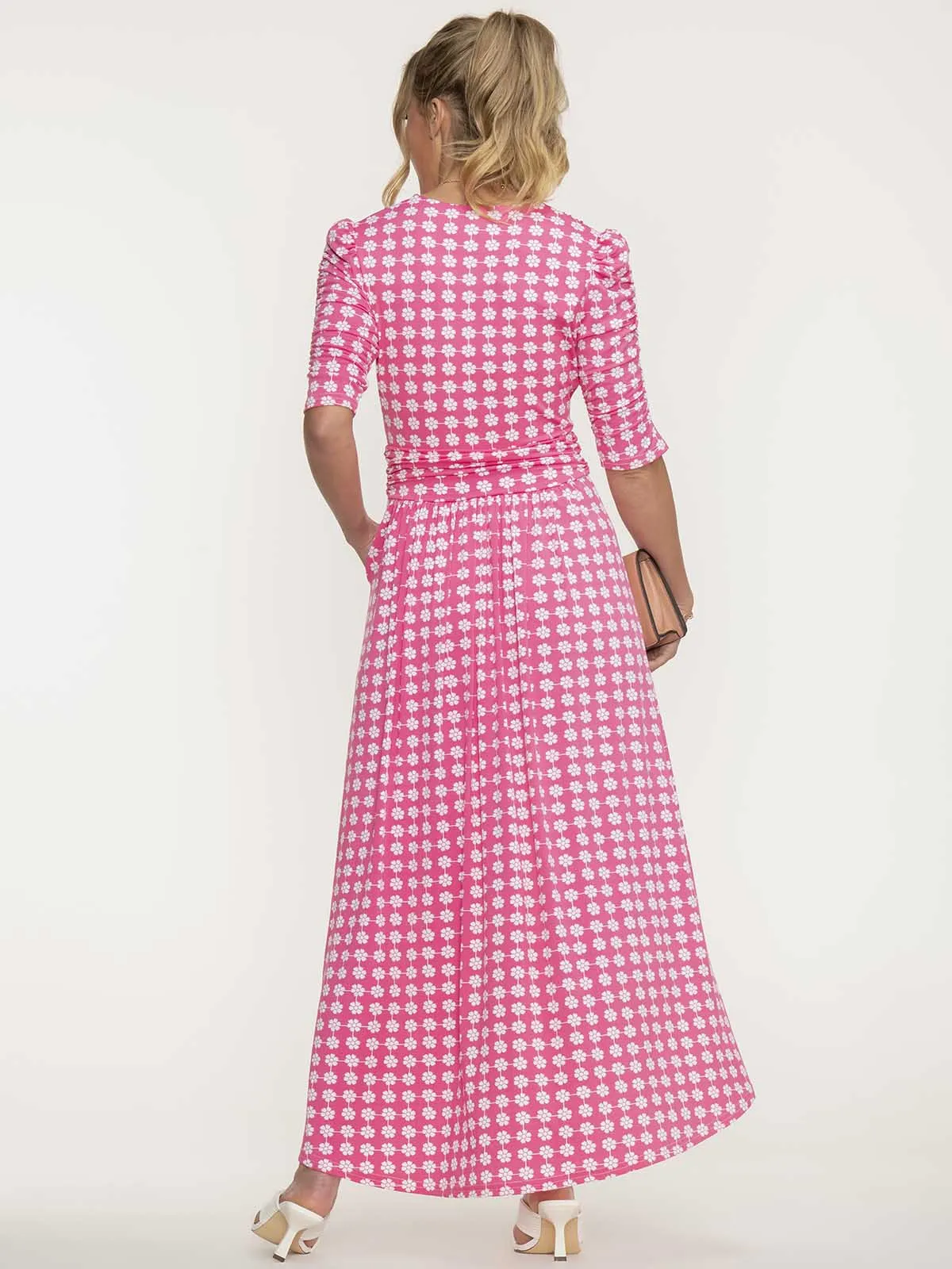 Jolie Moi Elenora Ruched Sleeve Maxi Dress, Pink Pattern